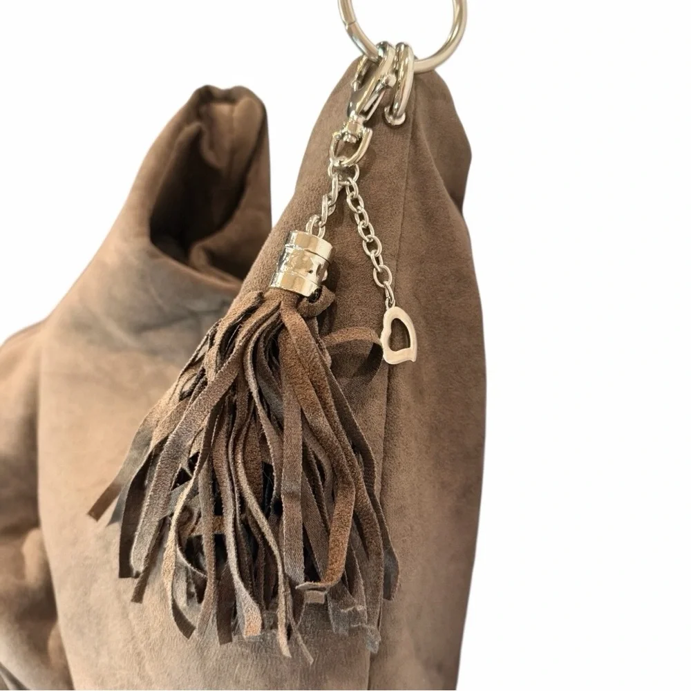 Bella Russo Large Faux Suede Hobo Shoulder Bag Taupe Brown Tassel Charm Boho